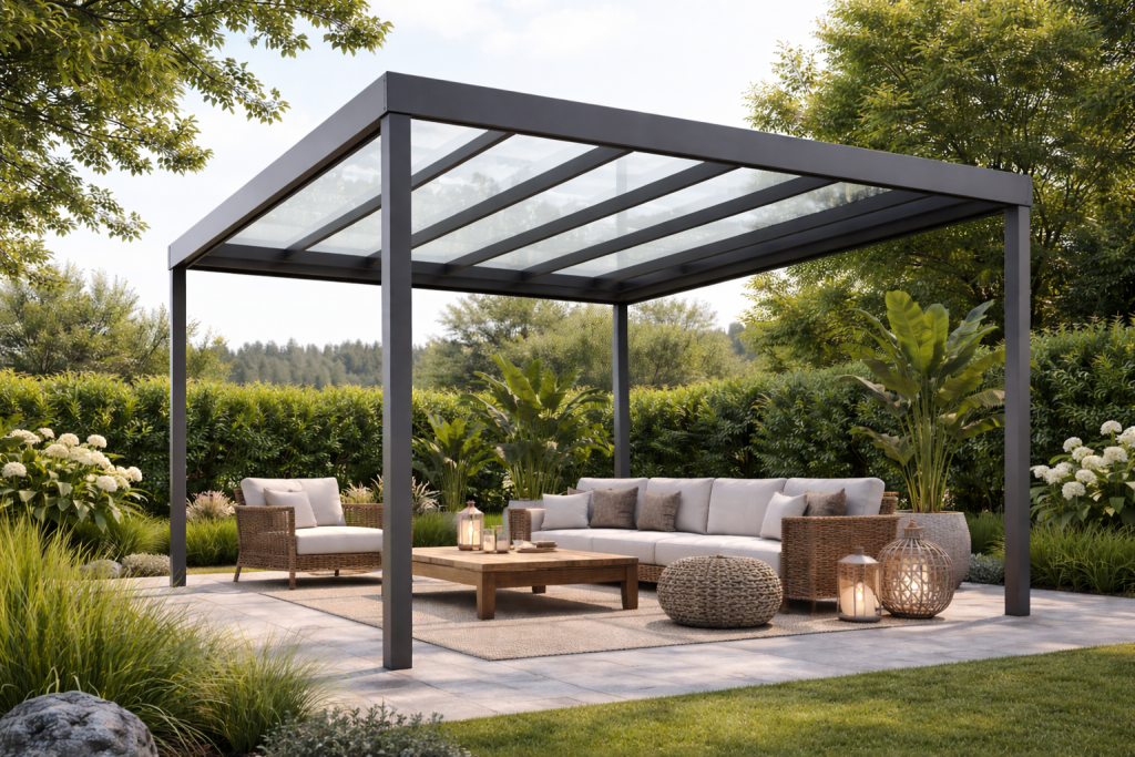 Glasdach Schwarz Garten Lounge 1024x683