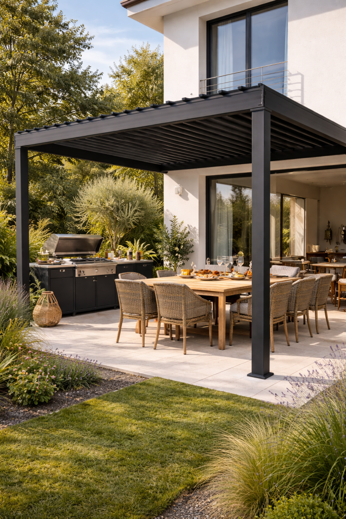 Lamellendach Schwarz Grill Garten 1 683x1024