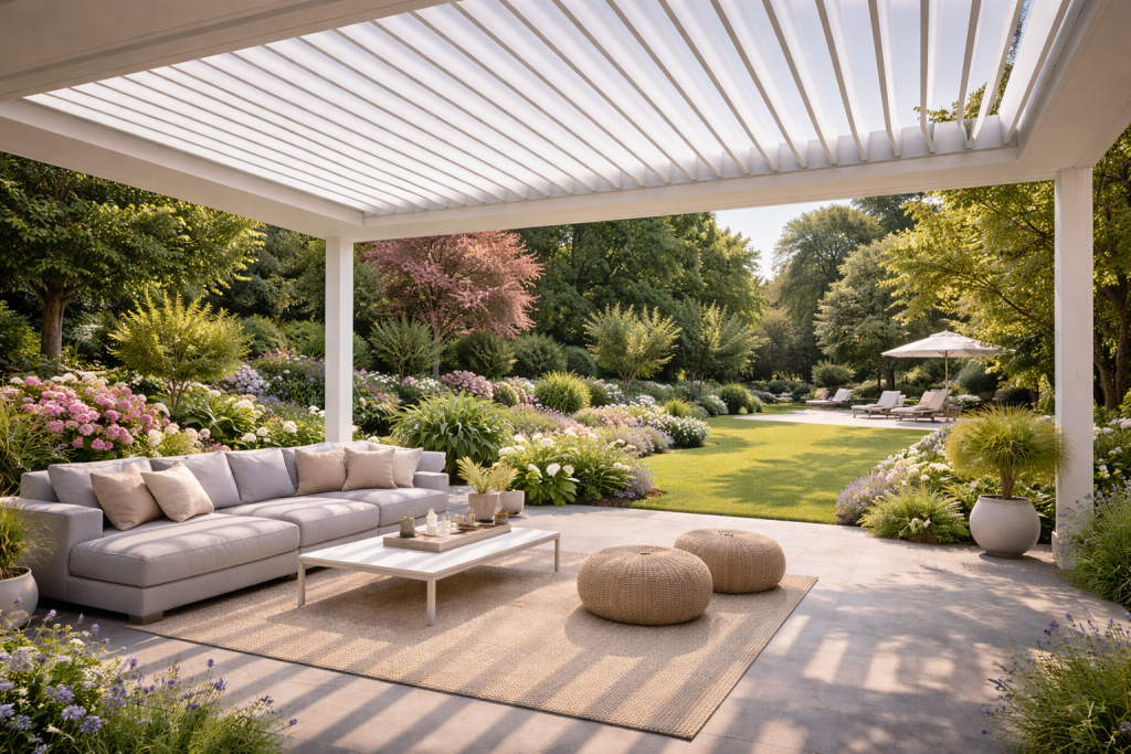 Lamellendach Weiss Garten 1024x683