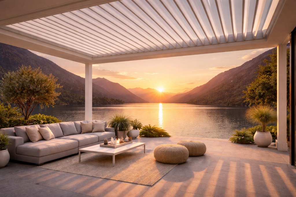 Lamellendach Weiss Sonnenuntergang See 1024x683